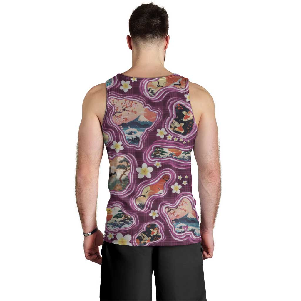 Hawaii Islands Map Design with Japanese Landscape Men Tank Top Hawaiian Japan Fusion Art Pink Color LT03 - Polynesian Pride