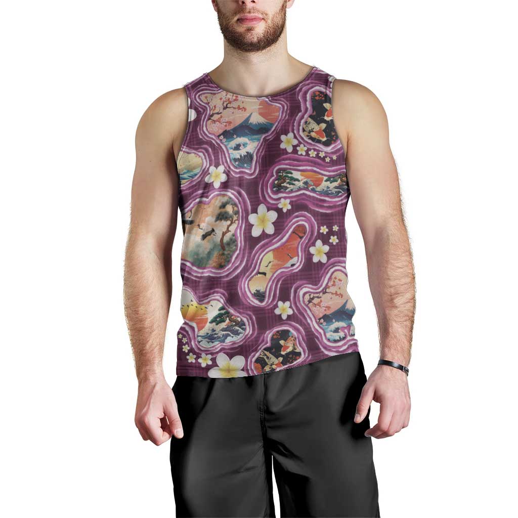Hawaii Islands Map Design with Japanese Landscape Men Tank Top Hawaiian Japan Fusion Art Pink Color LT03 - Polynesian Pride
