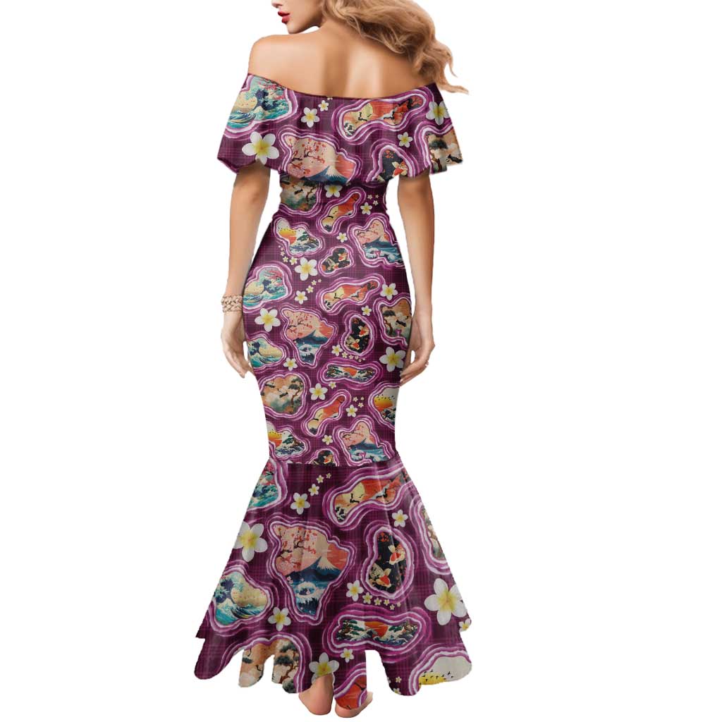 Hawaii Islands Map Design with Japanese Landscape Mermaid Dress Hawaiian Japan Fusion Art Pink Color LT03 - Polynesian Pride