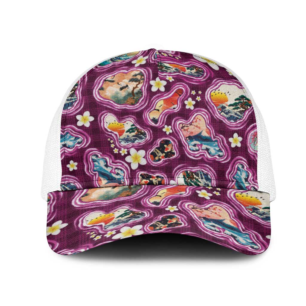 Hawaii Islands Map Design with Japanese Landscape Mesh Trucker Cap Hawaiian Japan Fusion Art Pink Color LT03 One Size White Pink - Polynesian Pride
