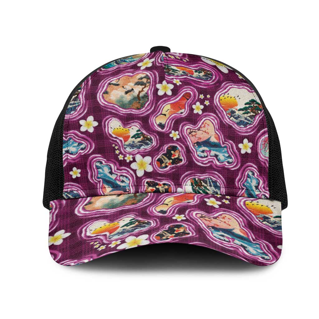 Hawaii Islands Map Design with Japanese Landscape Mesh Trucker Cap Hawaiian Japan Fusion Art Pink Color LT03 One Size Black Pink - Polynesian Pride