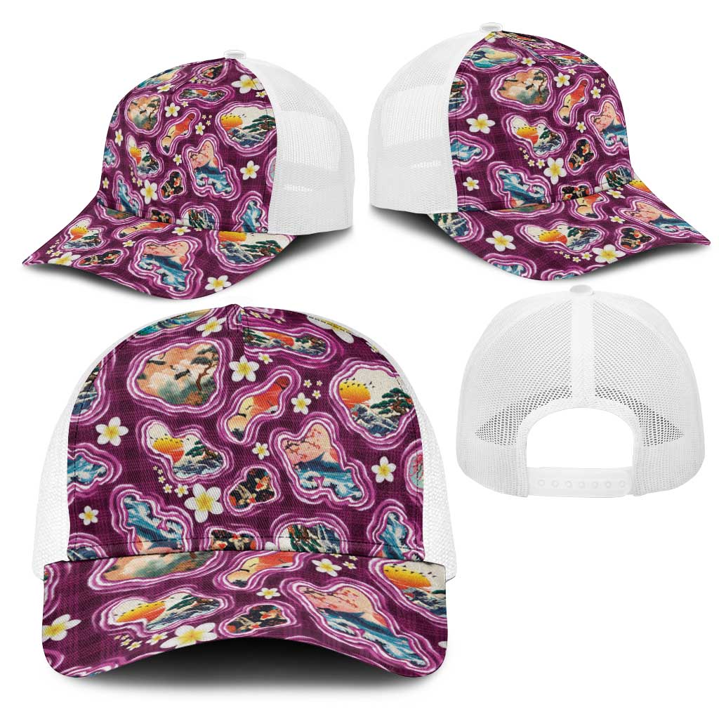 Hawaii Islands Map Design with Japanese Landscape Mesh Trucker Cap Hawaiian Japan Fusion Art Pink Color LT03 - Polynesian Pride