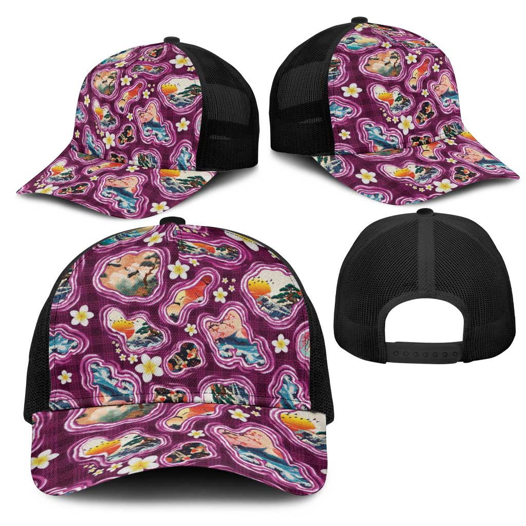 Hawaii Islands Map Design with Japanese Landscape Mesh Trucker Cap Hawaiian Japan Fusion Art Pink Color LT03 - Polynesian Pride