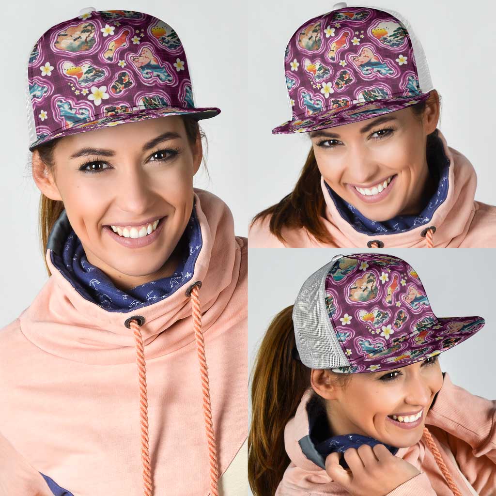 Hawaii Islands Map Design with Japanese Landscape Mesh Trucker Cap Hawaiian Japan Fusion Art Pink Color LT03 - Polynesian Pride