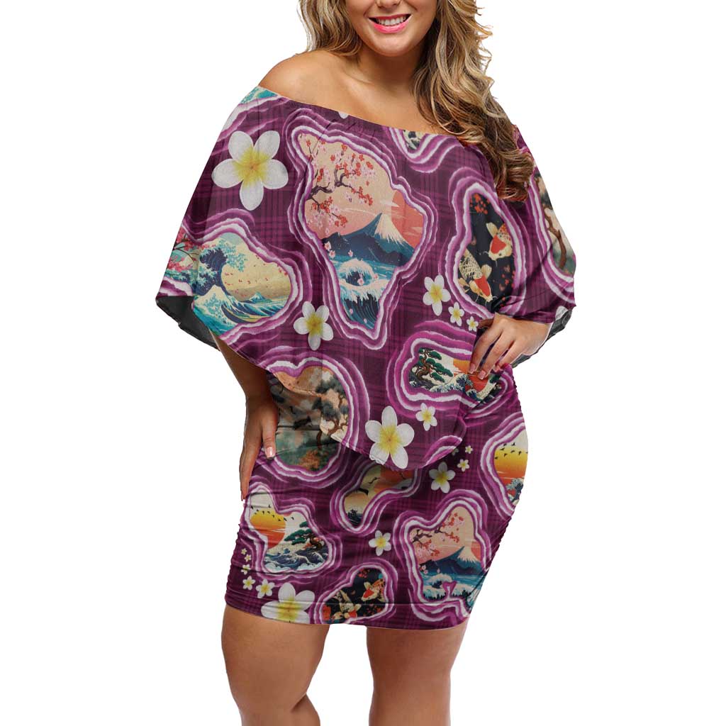 Hawaii Islands Map Design with Japanese Landscape Off Shoulder Short Dress Hawaiian Japan Fusion Art Pink Color LT03 Women Pink - Polynesian Pride