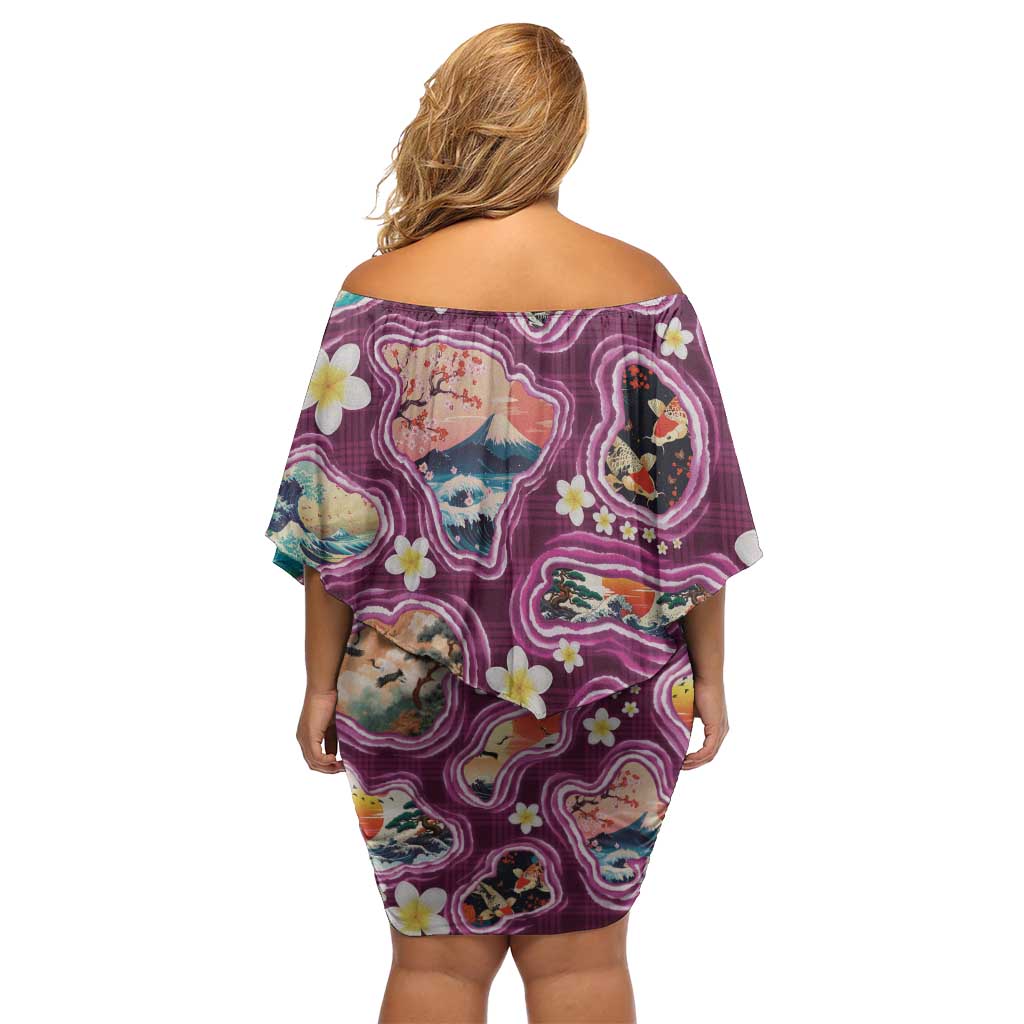 Hawaii Islands Map Design with Japanese Landscape Off Shoulder Short Dress Hawaiian Japan Fusion Art Pink Color LT03 - Polynesian Pride