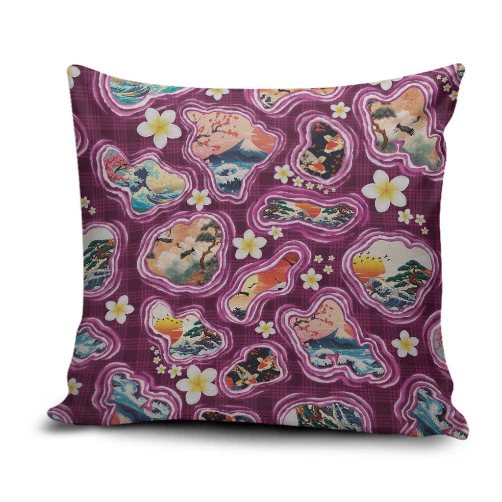 Hawaii Islands Map Design with Japanese Landscape Pillow Cover Hawaiian Japan Fusion Art Pink Color LT03 Pink - Polynesian Pride