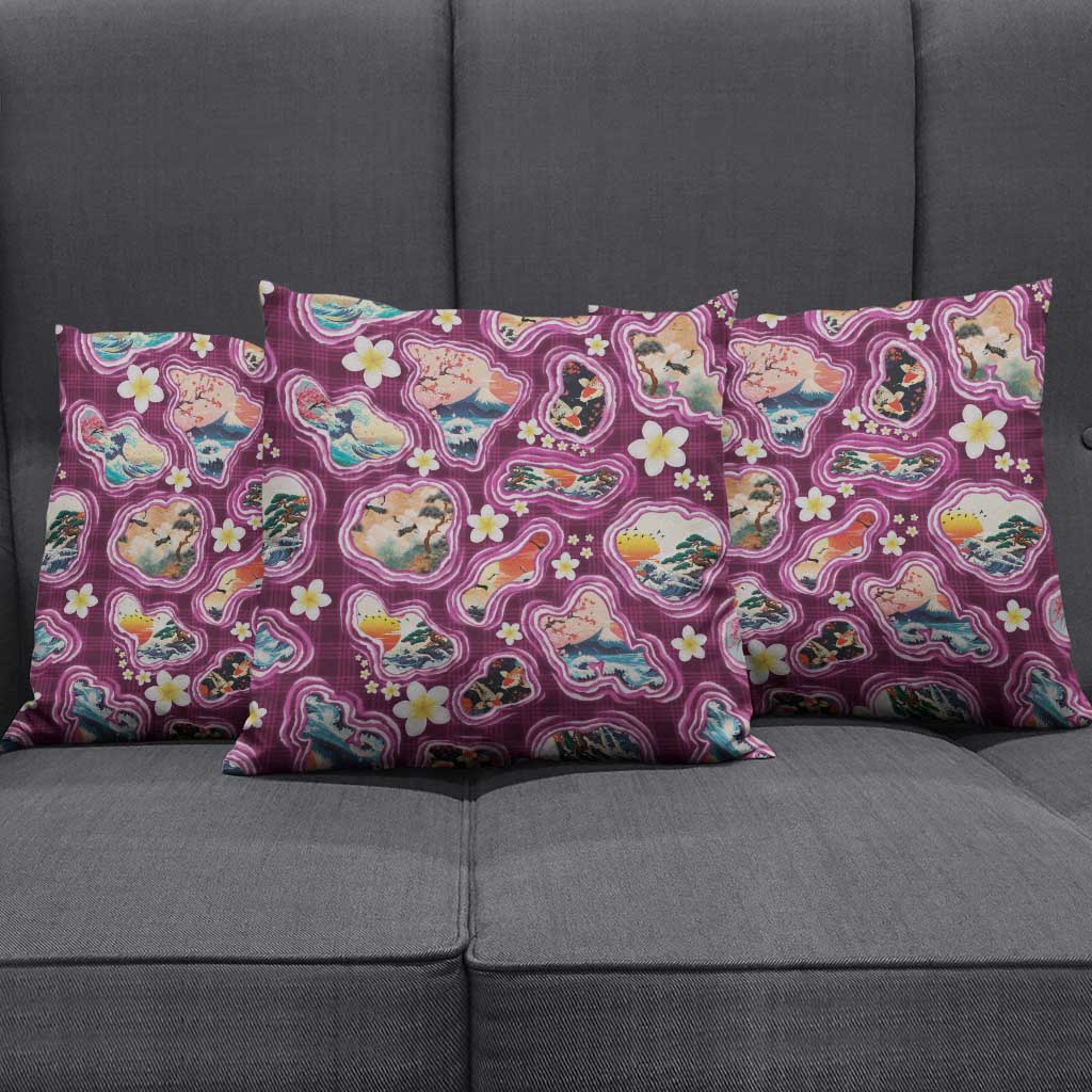 Hawaii Islands Map Design with Japanese Landscape Pillow Cover Hawaiian Japan Fusion Art Pink Color LT03 - Polynesian Pride