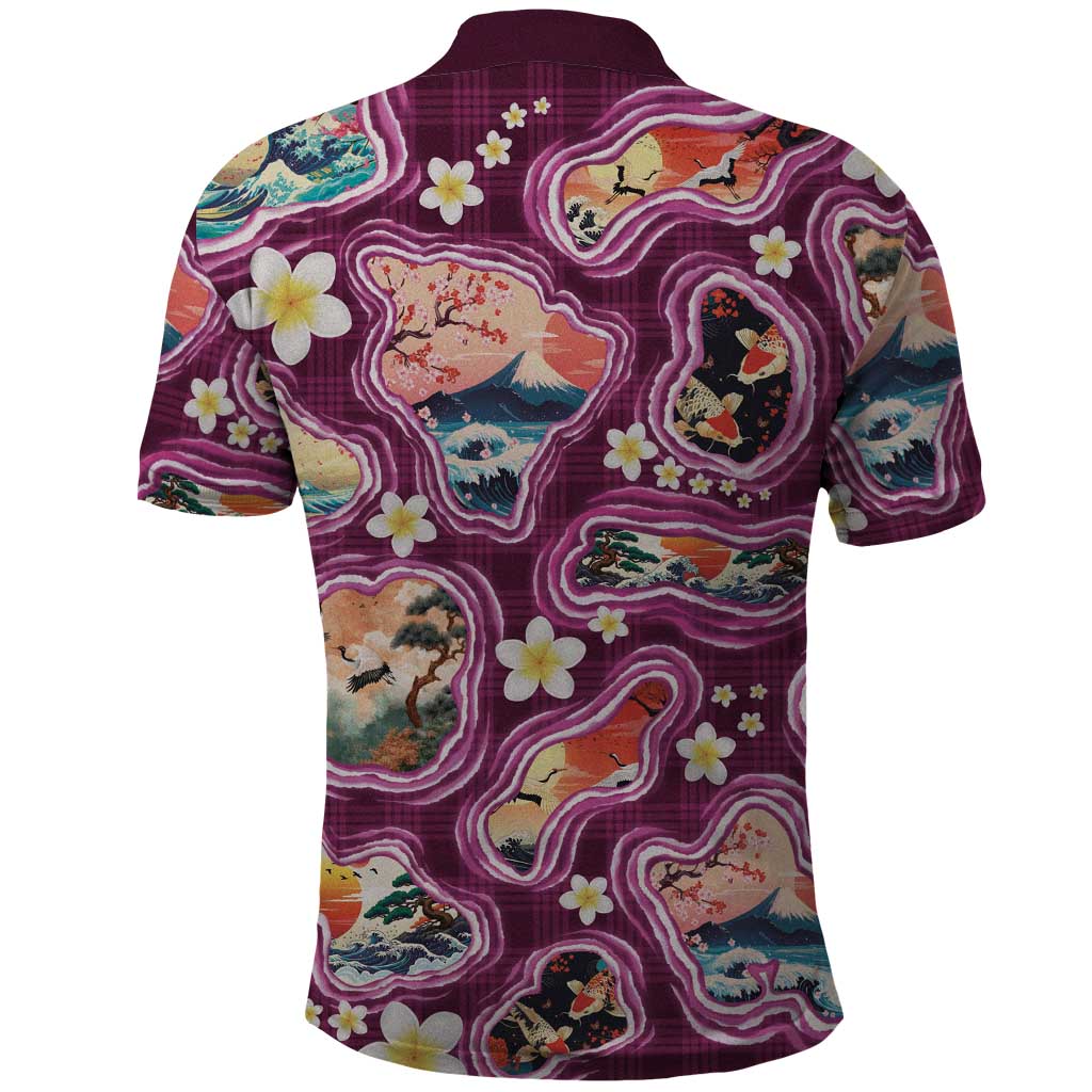 Hawaii Islands Map Design with Japanese Landscape Polo Shirt Hawaiian Japan Fusion Art Pink Color LT03 - Polynesian Pride
