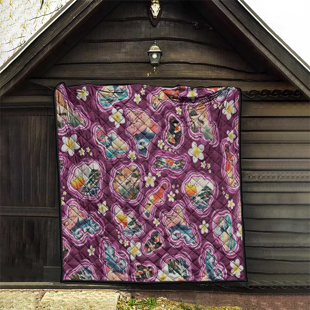 Hawaii Islands Map Design with Japanese Landscape Quilt Hawaiian Japan Fusion Art Pink Color LT03 - Polynesian Pride