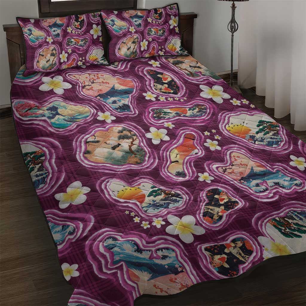 Hawaii Islands Map Design with Japanese Landscape Quilt Bed Set Hawaiian Japan Fusion Art Pink Color