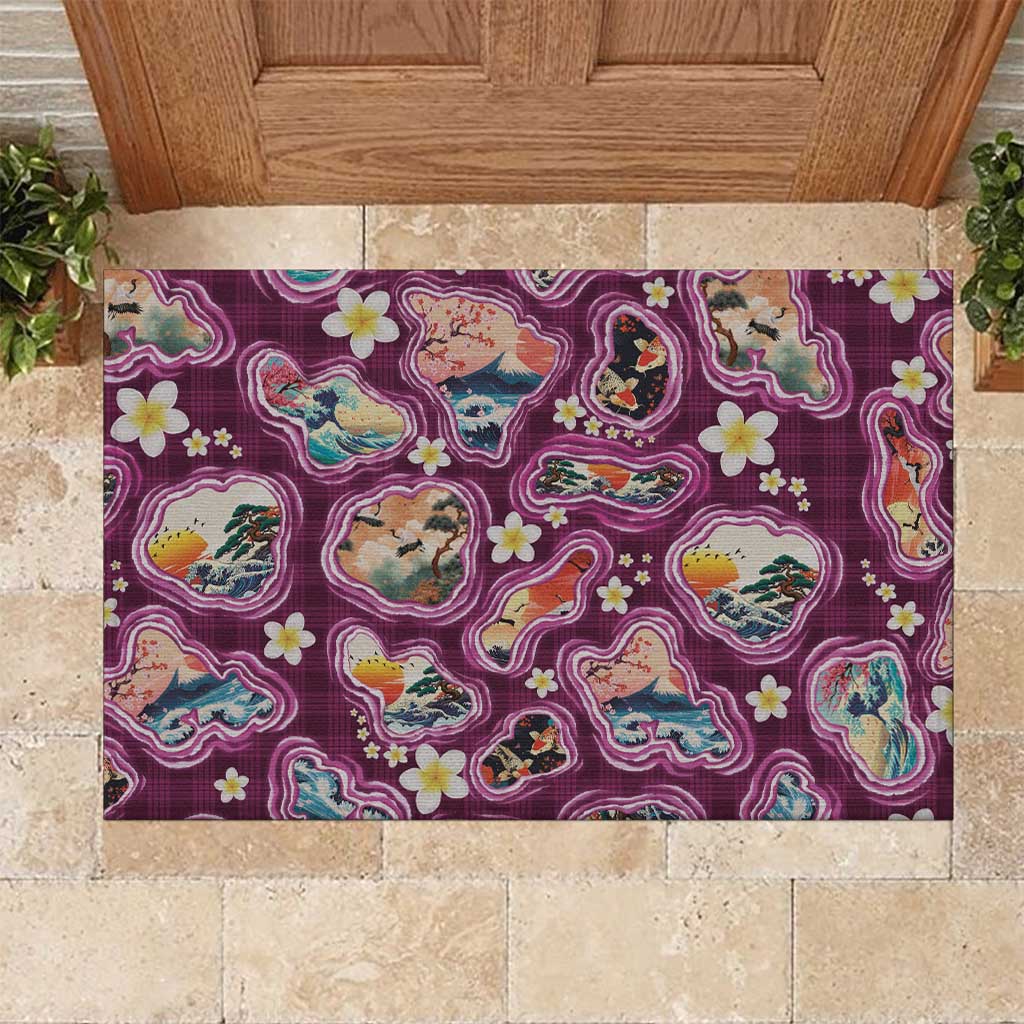 Hawaii Islands Map Design with Japanese Landscape Rubber Doormat Hawaiian Japan Fusion Art Pink Color
