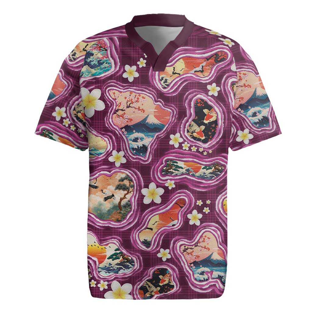 Hawaii Islands Map Design with Japanese Landscape Rugby Jersey Hawaiian Japan Fusion Art Pink Color LT03 Pink - Polynesian Pride