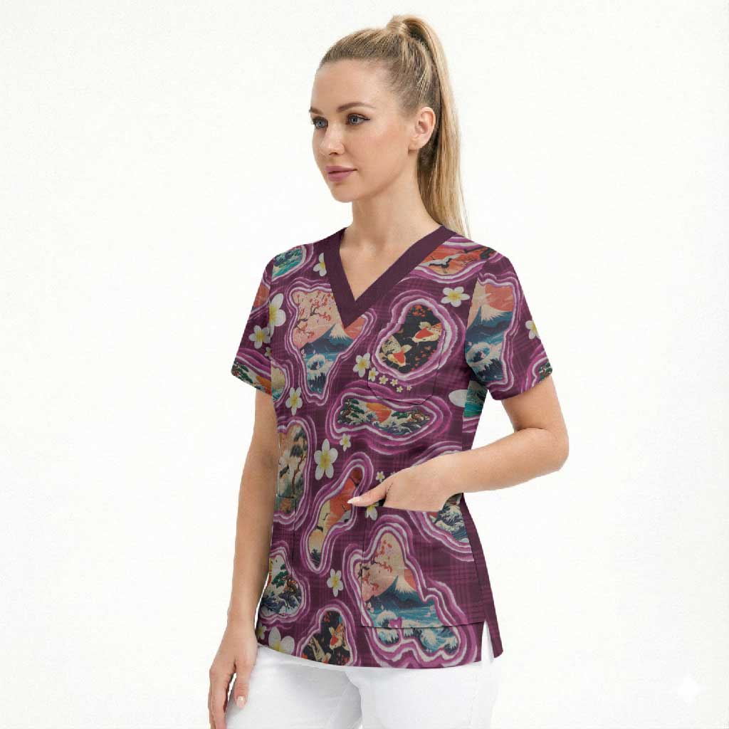 Hawaii Islands Map Design with Japanese Landscape Scrub Top Hawaiian Japan Fusion Art Pink Color LT03 - Polynesian Pride
