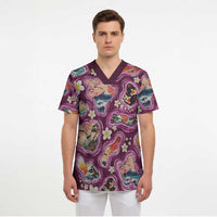 Hawaii Islands Map Design with Japanese Landscape Scrub Top Hawaiian Japan Fusion Art Pink Color LT03 - Polynesian Pride