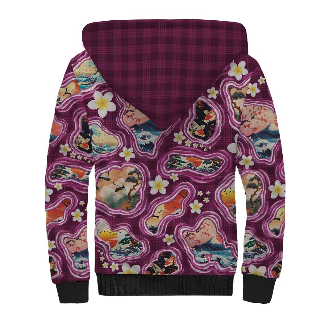 Hawaii Islands Map Design with Japanese Landscape Sherpa Hoodie Hawaiian Japan Fusion Art Pink Color LT03 - Polynesian Pride