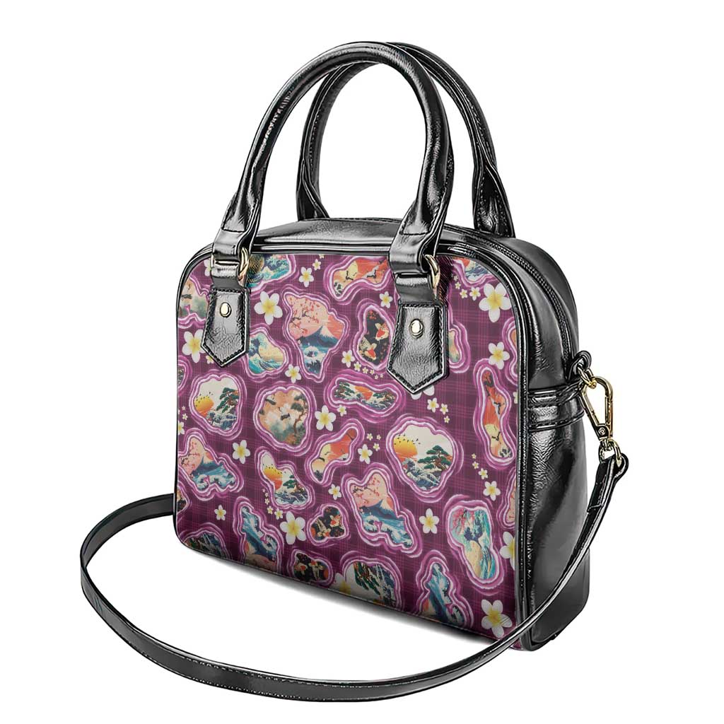 Hawaii Islands Map Design with Japanese Landscape Shoulder Handbag Hawaiian Japan Fusion Art Pink Color LT03 - Polynesian Pride