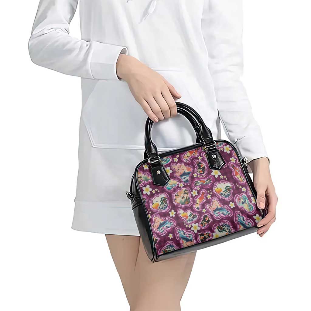 Hawaii Islands Map Design with Japanese Landscape Shoulder Handbag Hawaiian Japan Fusion Art Pink Color LT03 - Polynesian Pride