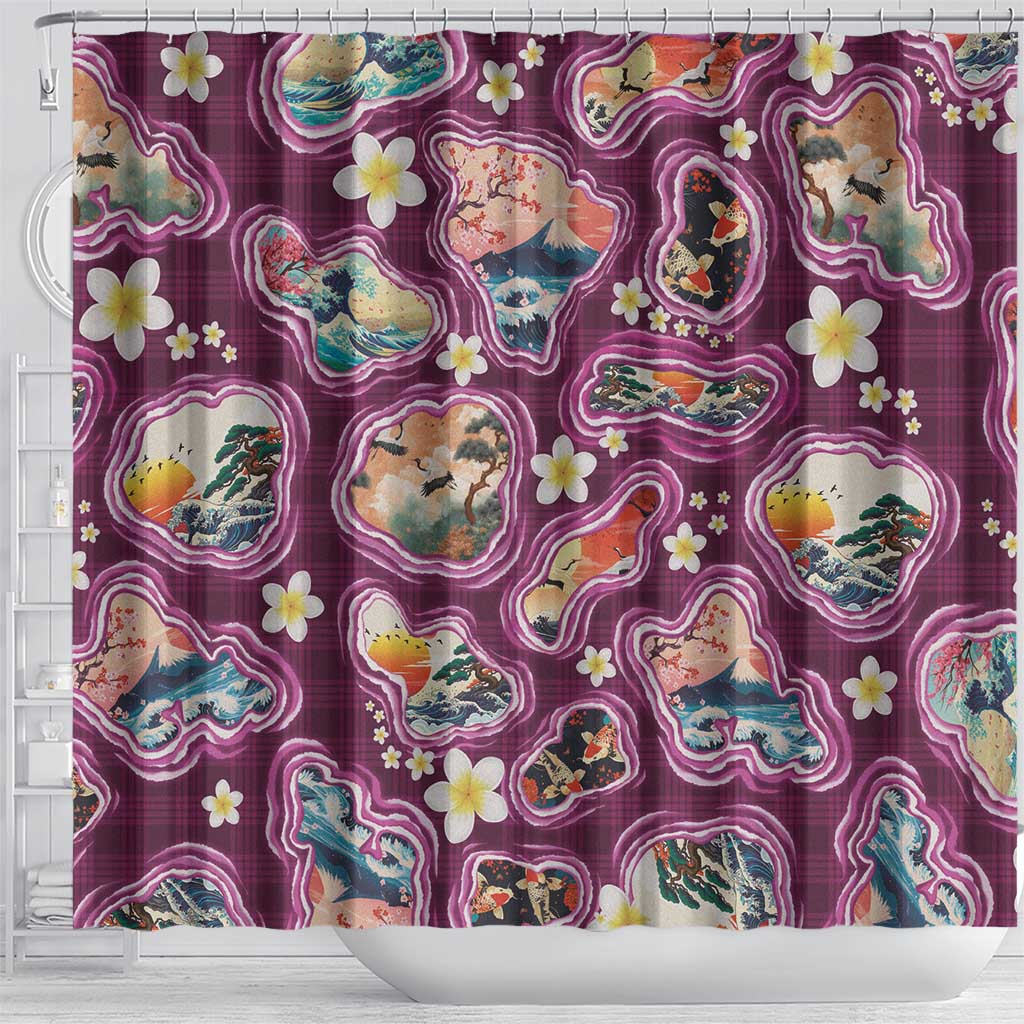 Hawaii Islands Map Design with Japanese Landscape Shower Curtain Hawaiian Japan Fusion Art Pink Color LT03 - Polynesian Pride