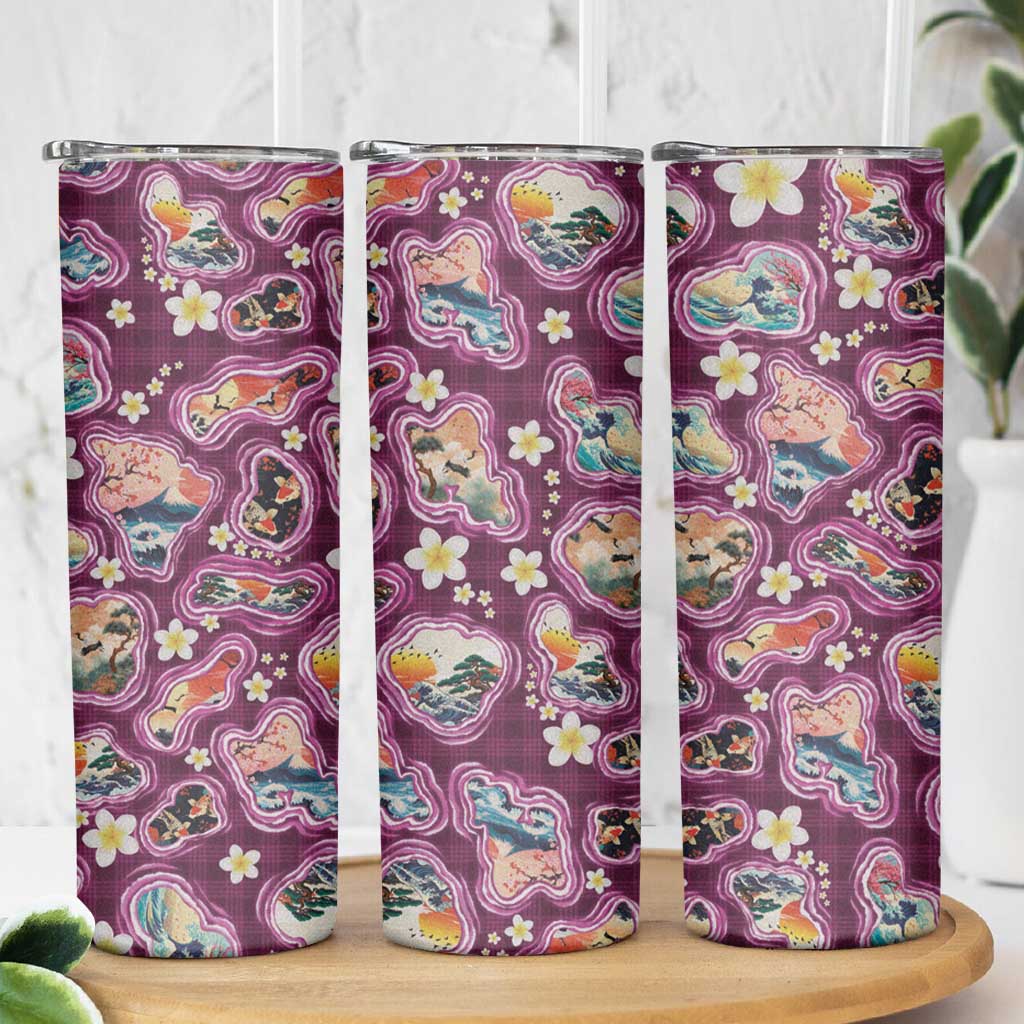 Hawaii Islands Map Design with Japanese Landscape Skinny Tumbler Hawaiian Japan Fusion Art Pink Color LT03 - Polynesian Pride