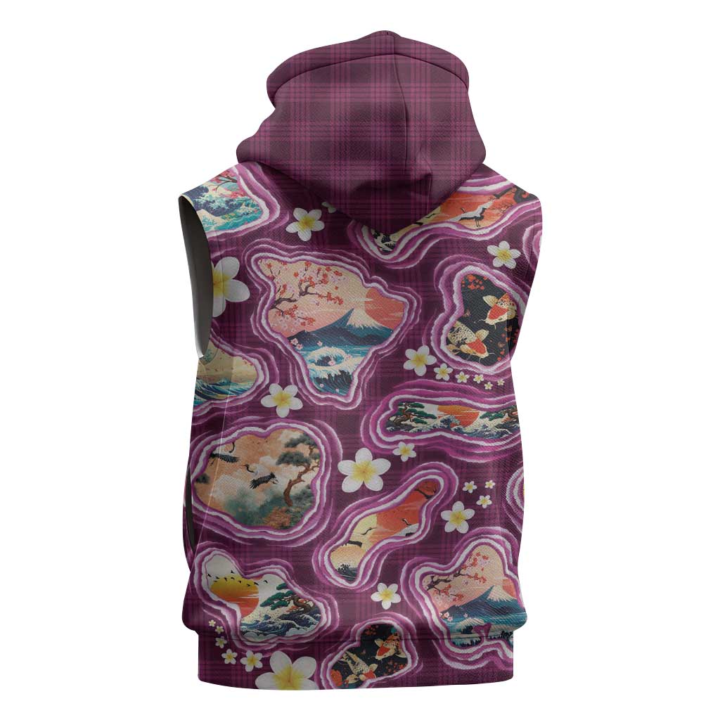 Hawaii Islands Map Design with Japanese Landscape Sleeveless Zip Hoodie Hawaiian Japan Fusion Art Pink Color LT03 - Polynesian Pride