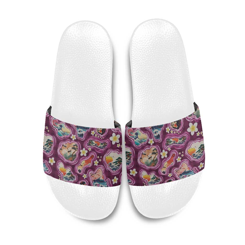 Hawaii Islands Map Design with Japanese Landscape Slide Sandals Hawaiian Japan Fusion Art Pink Color LT03 Pink - Polynesian Pride