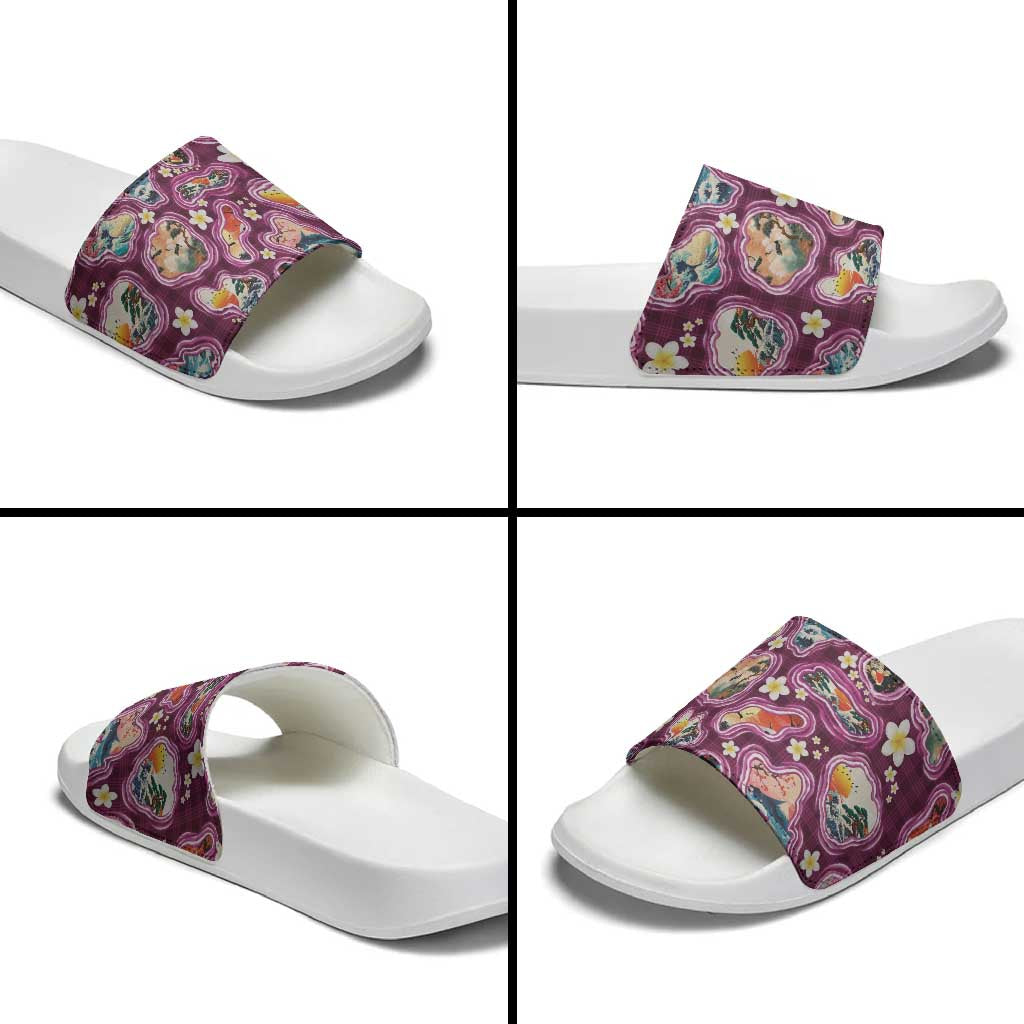 Hawaii Islands Map Design with Japanese Landscape Slide Sandals Hawaiian Japan Fusion Art Pink Color LT03 - Polynesian Pride