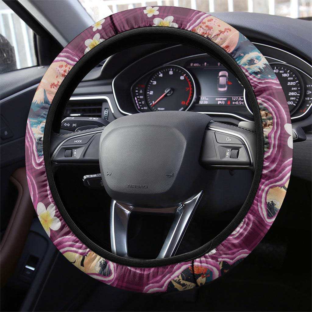 Hawaii Islands Map Design with Japanese Landscape Steering Wheel Cover Hawaiian Japan Fusion Art Pink Color LT03 - Polynesian Pride