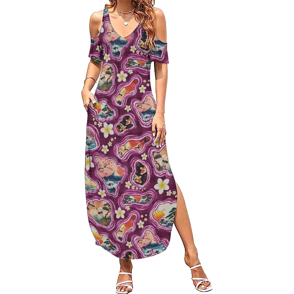 Hawaii Islands Map Design with Japanese Landscape Summer Maxi Dress Hawaiian Japan Fusion Art Pink Color
