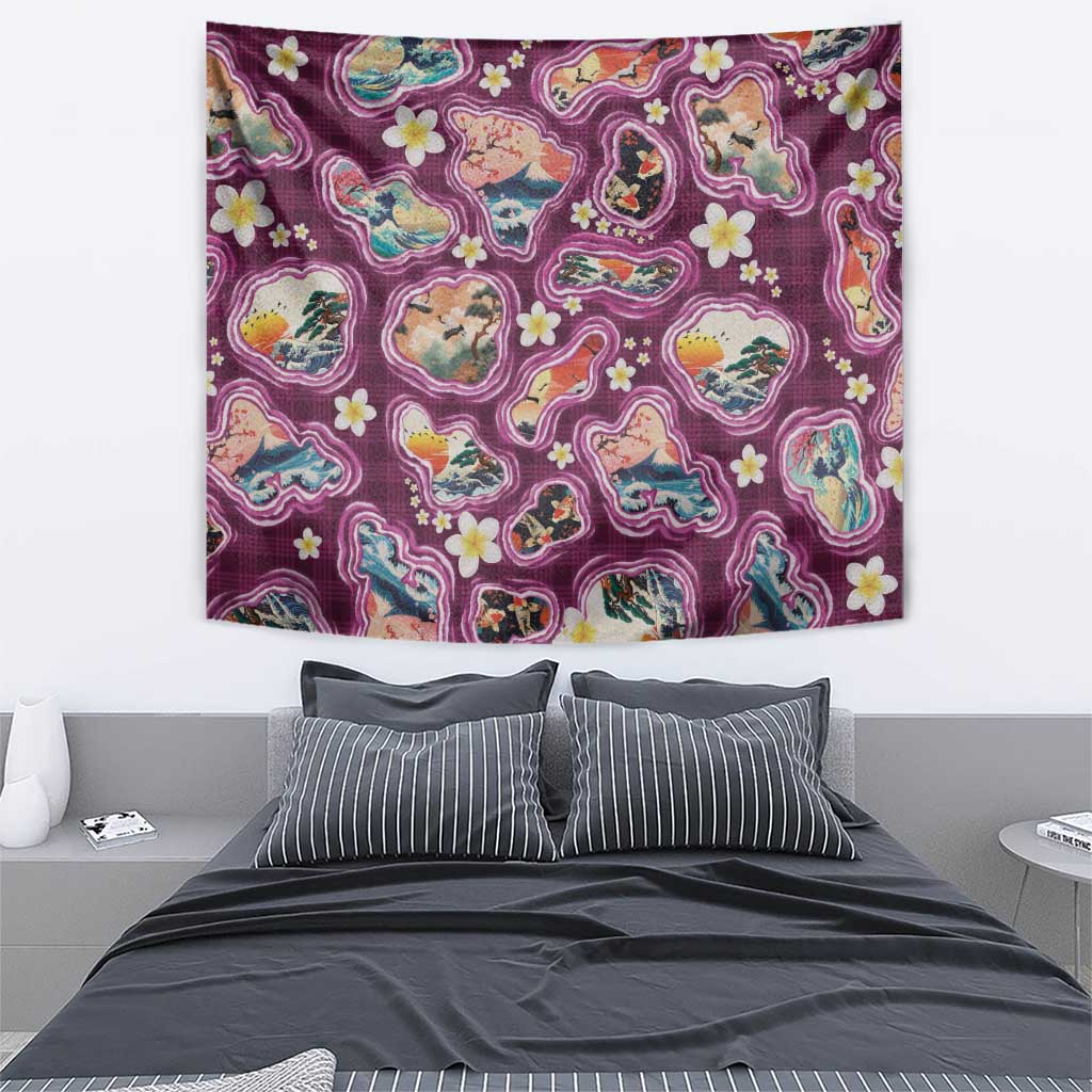 Hawaii Islands Map Design with Japanese Landscape Tapestry Hawaiian Japan Fusion Art Pink Color LT03 - Polynesian Pride