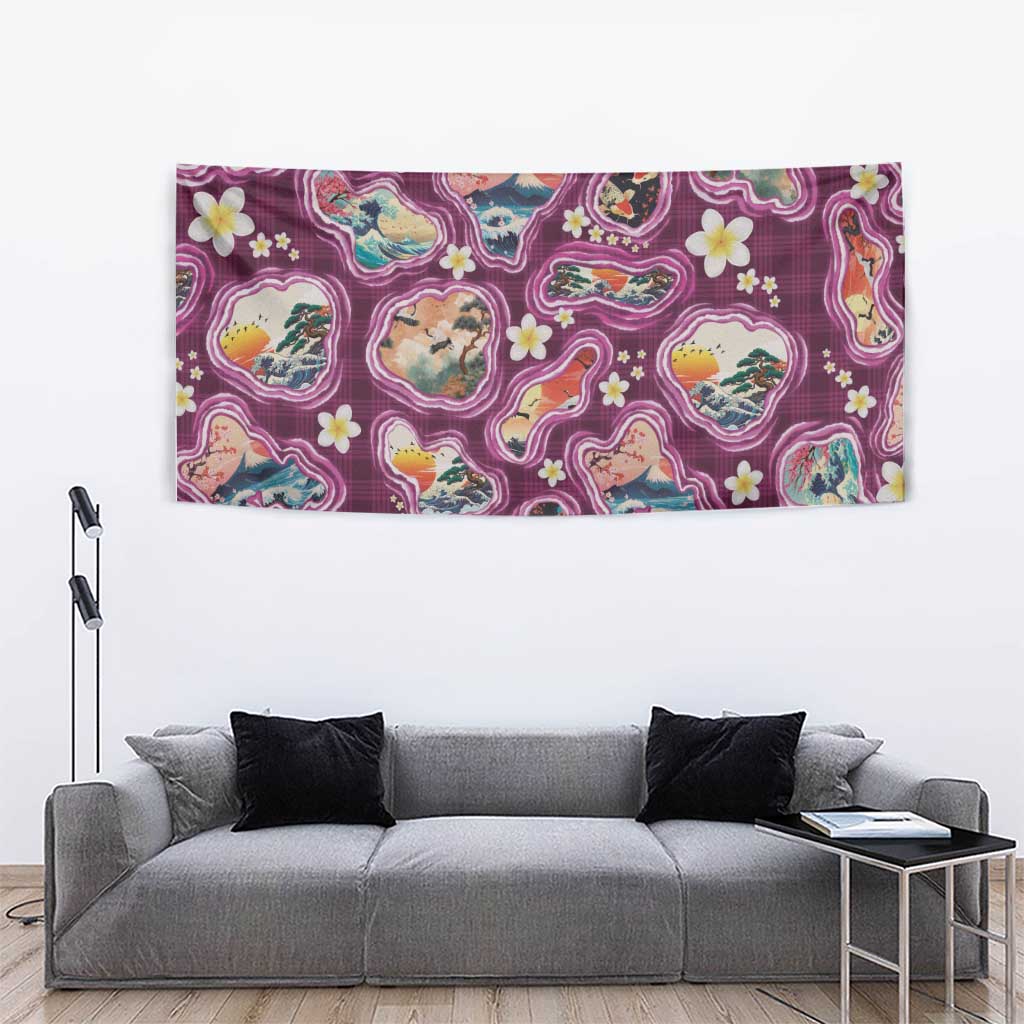 Hawaii Islands Map Design with Japanese Landscape Tapestry Hawaiian Japan Fusion Art Pink Color LT03 - Polynesian Pride