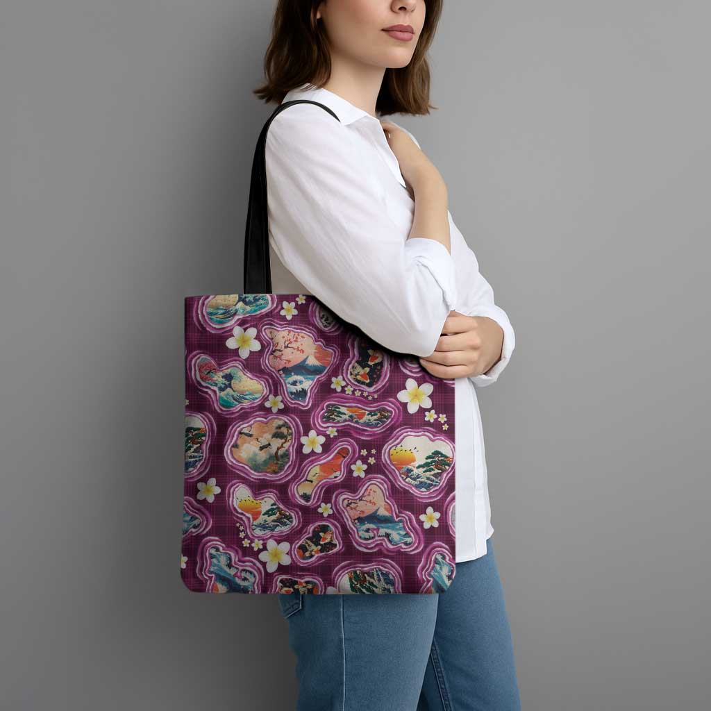 Hawaii Islands Map Design with Japanese Landscape Tote Bag Hawaiian Japan Fusion Art Pink Color LT03 - Polynesian Pride