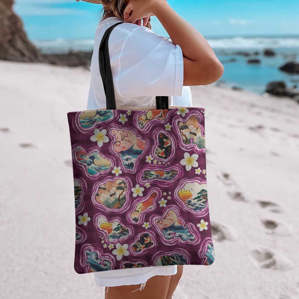 Hawaii Islands Map Design with Japanese Landscape Tote Bag Hawaiian Japan Fusion Art Pink Color LT03 - Polynesian Pride