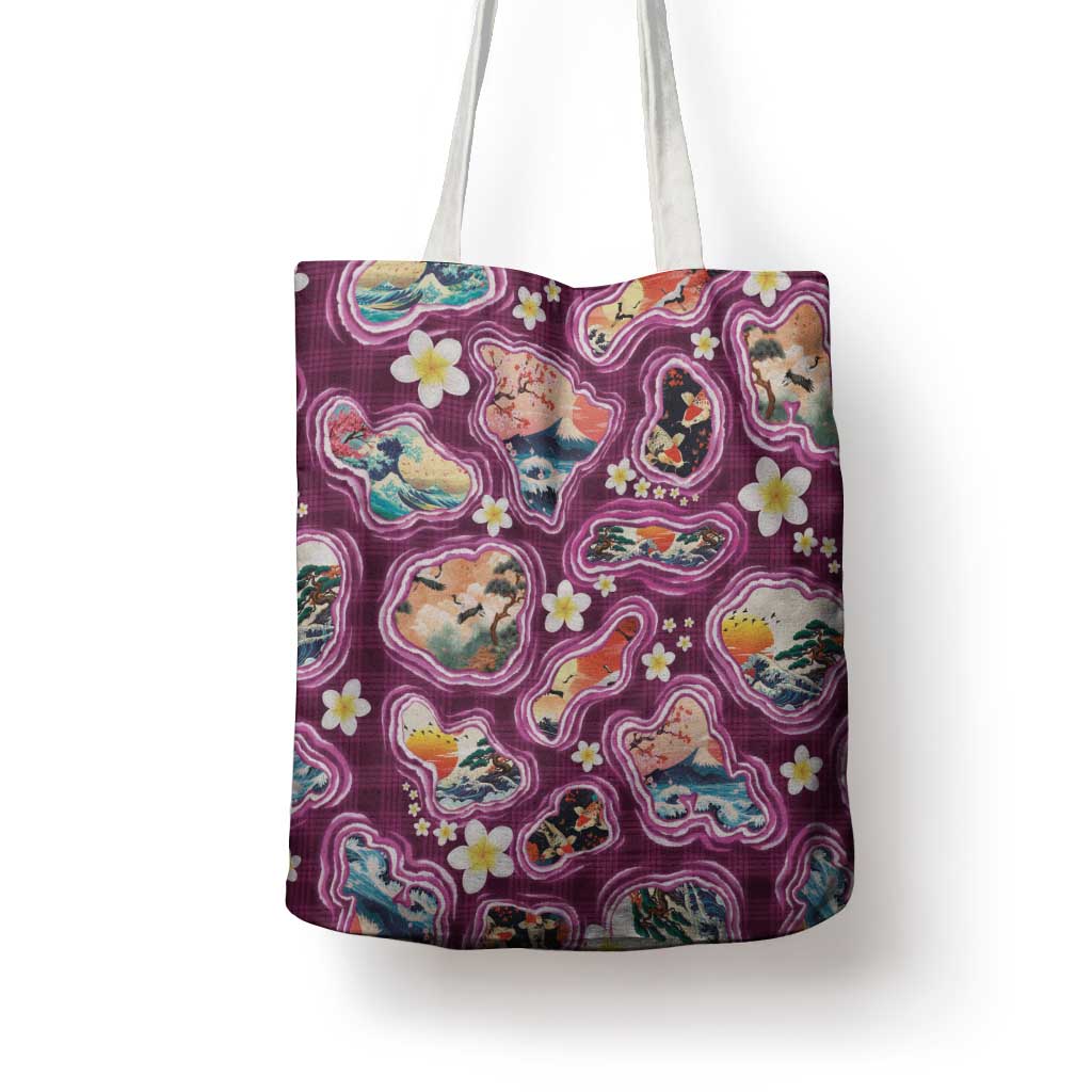 Hawaii Islands Map Design with Japanese Landscape Tote Bag Hawaiian Japan Fusion Art Pink Color LT03 - Polynesian Pride