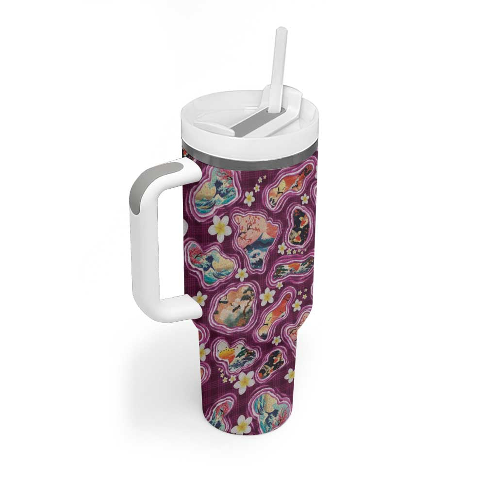 Hawaii Islands Map Design with Japanese Landscape Tumbler With Handle Hawaiian Japan Fusion Art Pink Color LT03 - Polynesian Pride