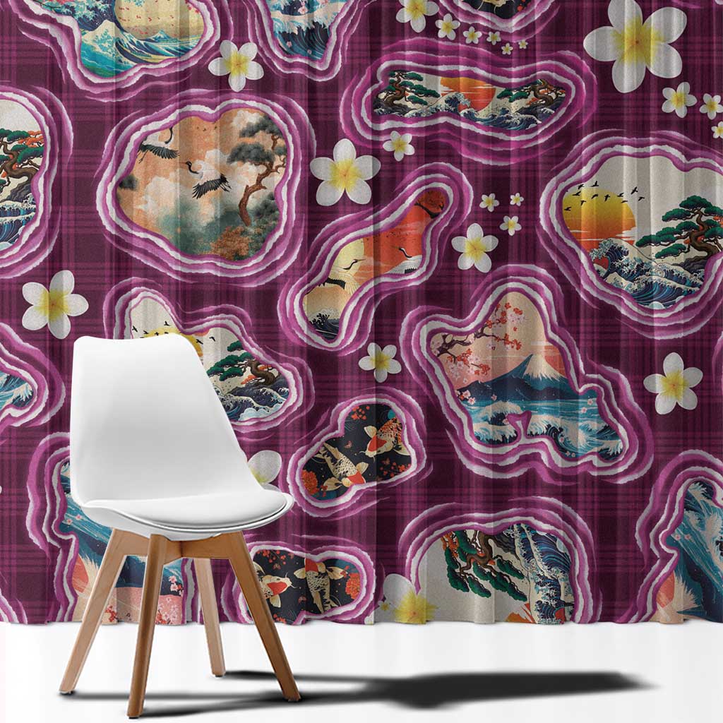 Hawaii Islands Map Design with Japanese Landscape Window Curtain Hawaiian Japan Fusion Art Pink Color LT03 - Polynesian Pride