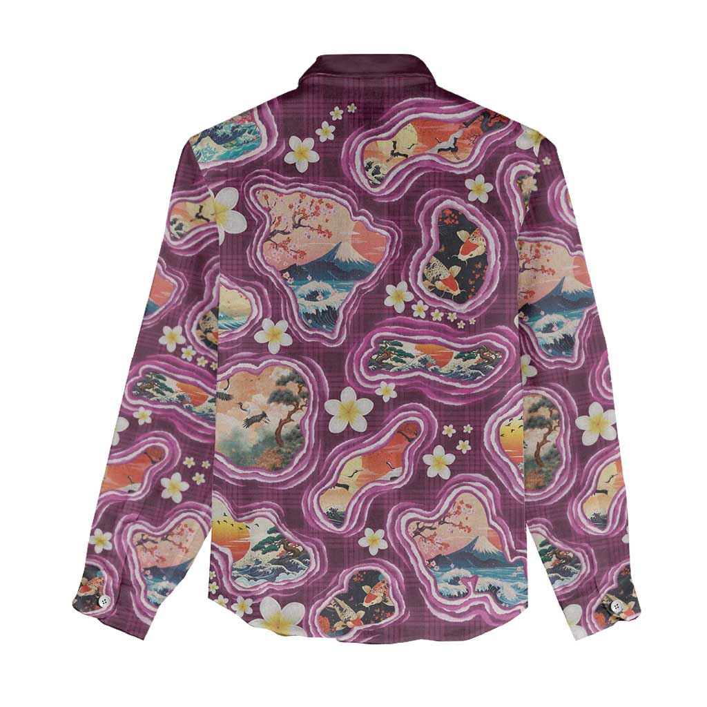 Hawaii Islands Map Design with Japanese Landscape Women Casual Shirt Hawaiian Japan Fusion Art Pink Color LT03 - Polynesian Pride