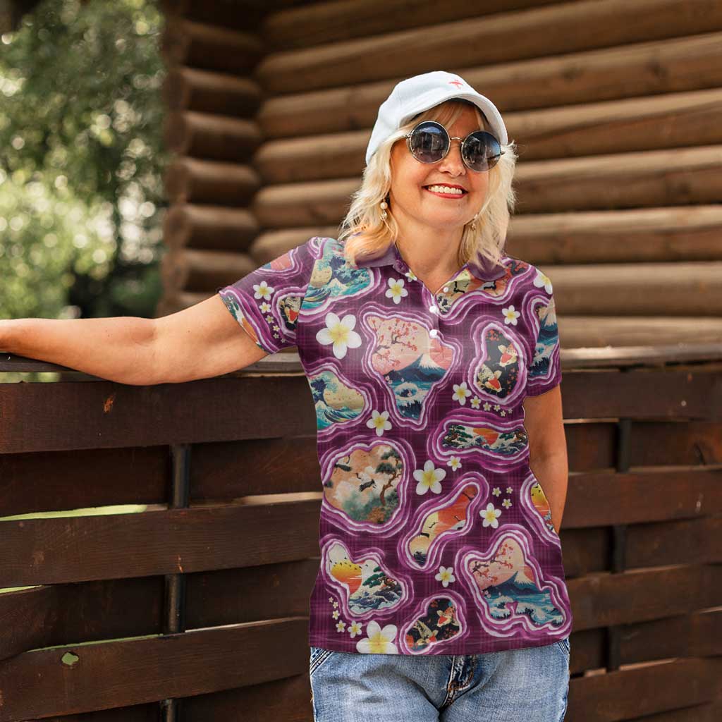 Hawaii Islands Map Design with Japanese Landscape Women Polo Shirt Hawaiian Japan Fusion Art Pink Color LT03 - Polynesian Pride