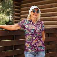 Hawaii Islands Map Design with Japanese Landscape Women Polo Shirt Hawaiian Japan Fusion Art Pink Color LT03 - Polynesian Pride