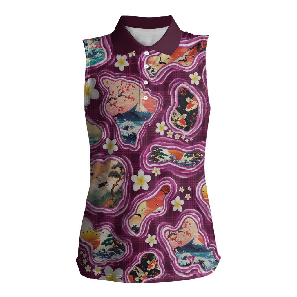 Hawaii Islands Map Design with Japanese Landscape Women Sleeveless Polo Shirt Hawaiian Japan Fusion Art Pink Color LT03 Female Pink - Polynesian Pride
