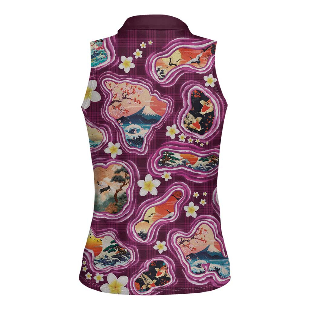 Hawaii Islands Map Design with Japanese Landscape Women Sleeveless Polo Shirt Hawaiian Japan Fusion Art Pink Color LT03 - Polynesian Pride