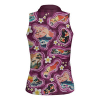 Hawaii Islands Map Design with Japanese Landscape Women Sleeveless Polo Shirt Hawaiian Japan Fusion Art Pink Color LT03 - Polynesian Pride
