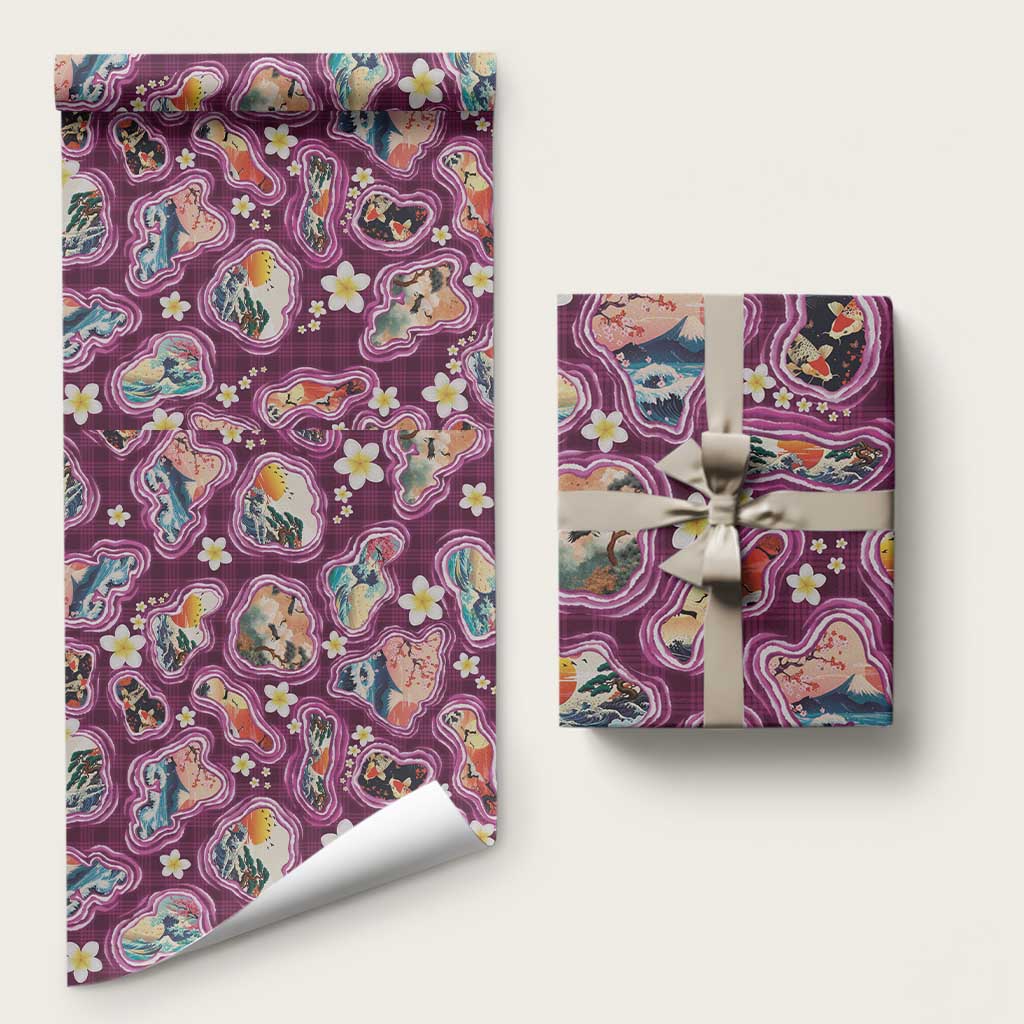 Hawaii Islands Map Design with Japanese Landscape Wrapping Paper Hawaiian Japan Fusion Art Pink Color LT03 58" × 23" Pink - Polynesian Pride