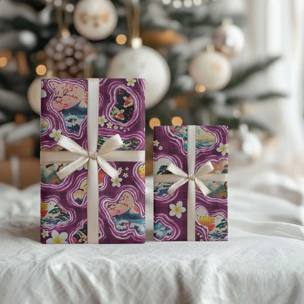 Hawaii Islands Map Design with Japanese Landscape Wrapping Paper Hawaiian Japan Fusion Art Pink Color LT03 - Polynesian Pride