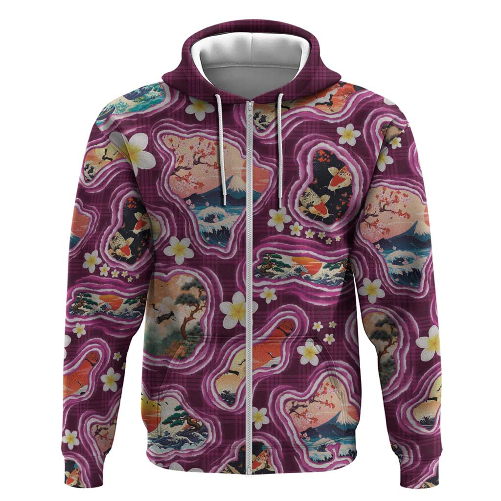 Hawaii Islands Map Design with Japanese Landscape Zip Hoodie Hawaiian Japan Fusion Art Pink Color LT03 Zip Hoodie Pink - Polynesian Pride
