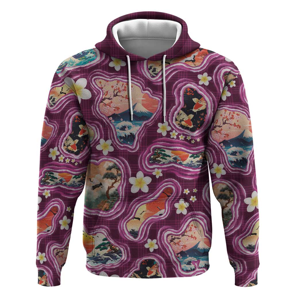 Hawaii Islands Map Design with Japanese Landscape Zip Hoodie Hawaiian Japan Fusion Art Pink Color LT03 Pullover Hoodie Pink - Polynesian Pride