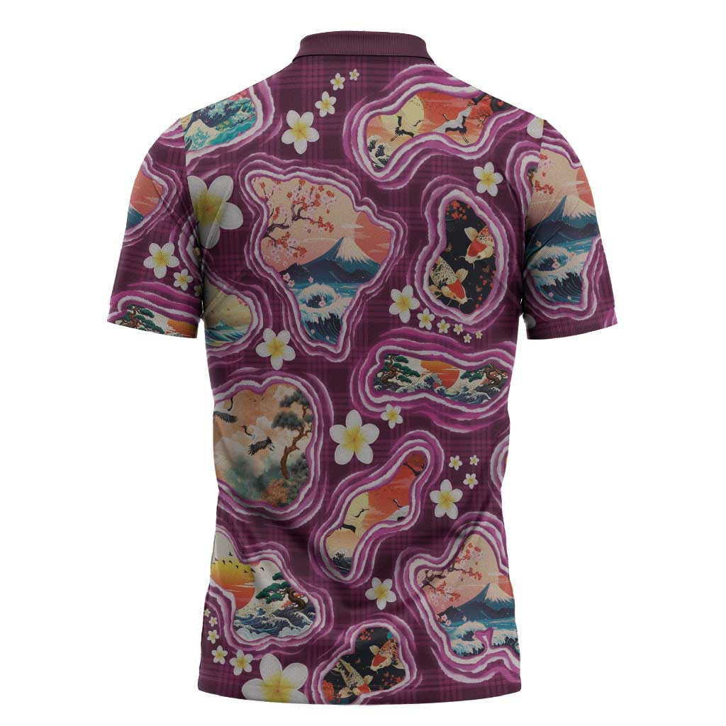 Hawaii Islands Map Design with Japanese Landscape Zipper Polo Shirt Hawaiian Japan Fusion Art Pink Color LT03 - Polynesian Pride