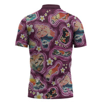 Hawaii Islands Map Design with Japanese Landscape Zipper Polo Shirt Hawaiian Japan Fusion Art Pink Color LT03 - Polynesian Pride