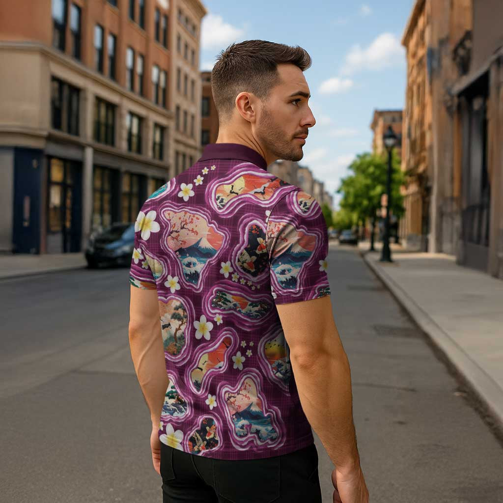 Hawaii Islands Map Design with Japanese Landscape Zipper Polo Shirt Hawaiian Japan Fusion Art Pink Color LT03 - Polynesian Pride