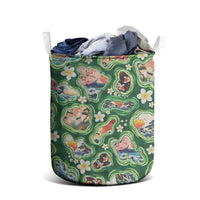 Hawaiian and Japanese Culture Together Laundry Basket Hawaiian Island Shapes with Japanese Landscape Green Color LT03 - Polynesian Pride